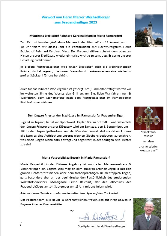 Vorwort von Herrn Pfarrer Wechselberger zum Frauendreißiger 2023